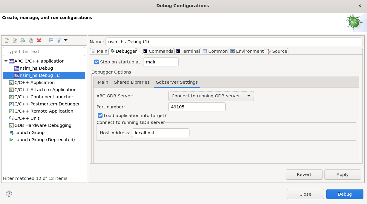 nSIM Running GDB Server Configuration