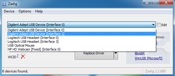 Zadig devices list